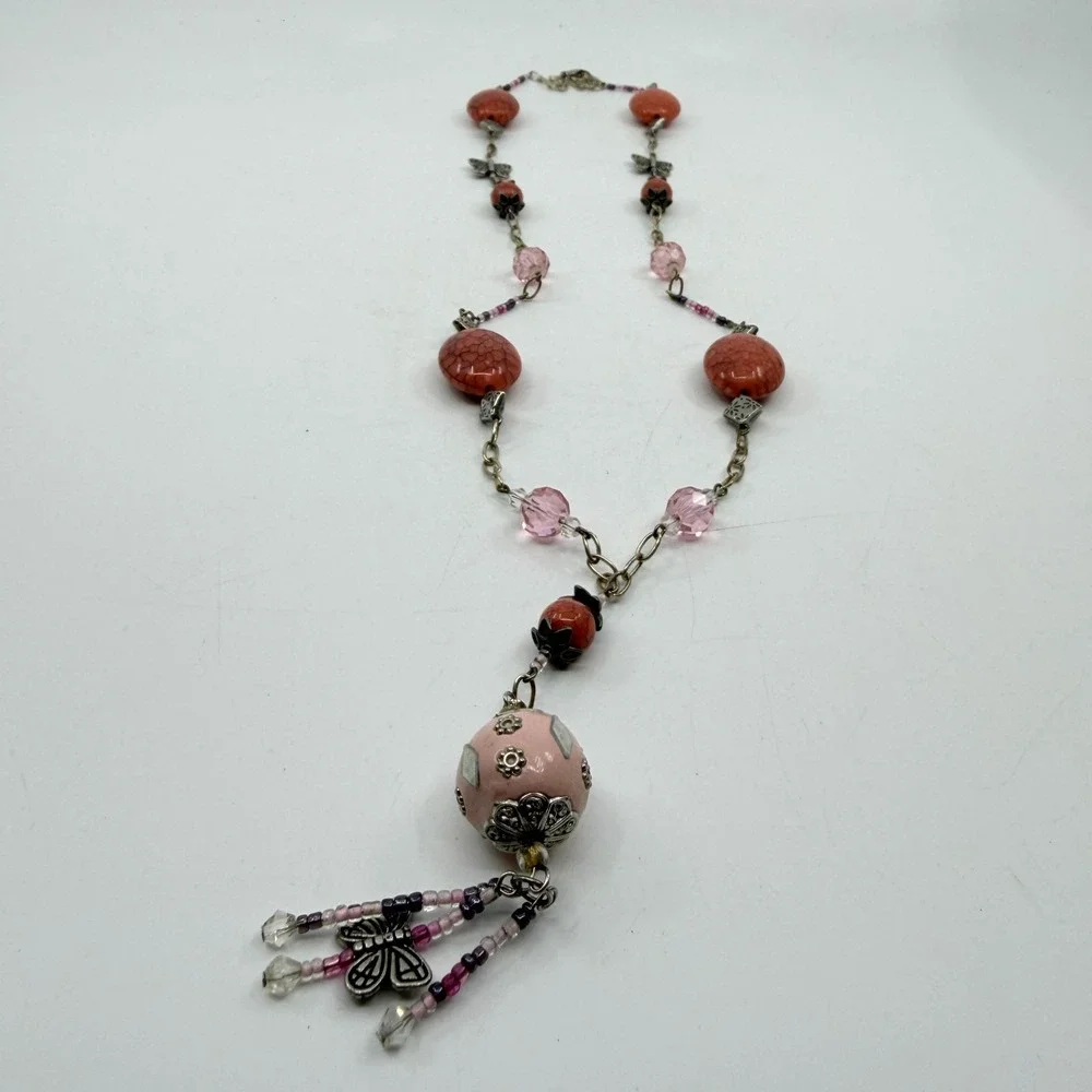 Pink Orange Beaded Butterfly Tassel Long Pendant Necklace Boho Cottagecore Y2K
